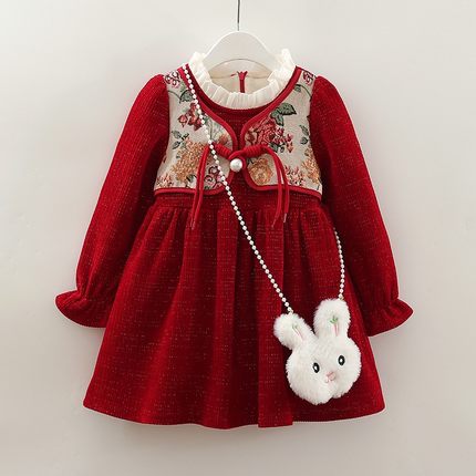 新年裙女童连衣裙加绒秋冬装2025新款2-3-4-5-6-7岁拜年裙冬裙冬