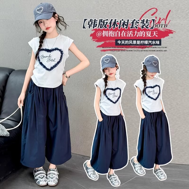 女童套装夏季2025新款小女孩体恤九分裤子夏天两件套凉快好看衣服