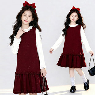 女童连衣裙秋冬季2026年新款圆领时尚保暖红色新年高级感洋气裙子