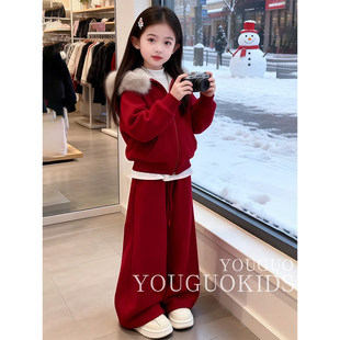 女童套装冬季2026新款洋气儿童加绒加厚新年冬装红色拜年服两件套