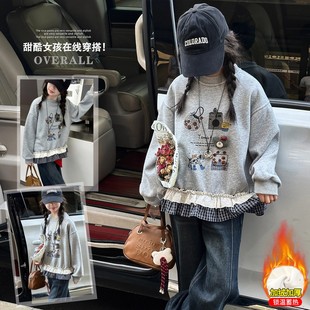 女童加绒卫衣秋冬装女大童韩版洋气假两件保暖上衣女孩韩系衣服潮