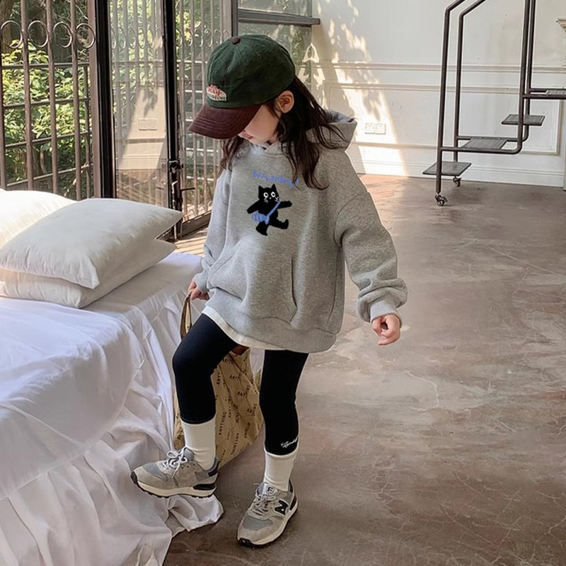 女童春季卫衣卡通猫咪连帽上衣