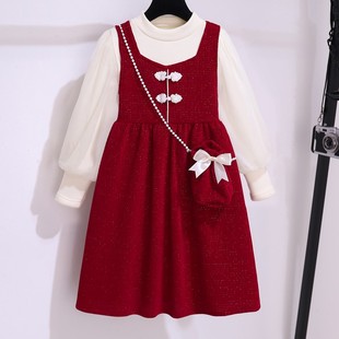 女童中国风年服连衣裙秋冬2025新款儿童红色背心公主裙新年装裙子