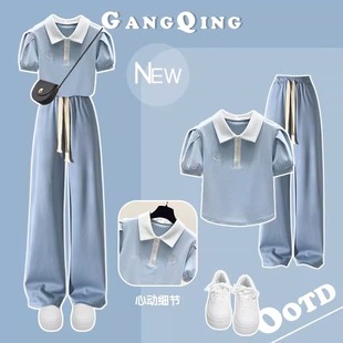 阔腿裤 女童高级感套装 中大童多巴胺穿搭Polo领短袖 夏装 潮 2025新款