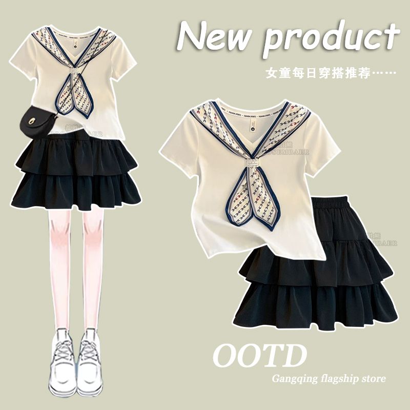 女童裙子套装2025新款洋气中大童设计感丝巾夏季短袖蛋糕裙两件套