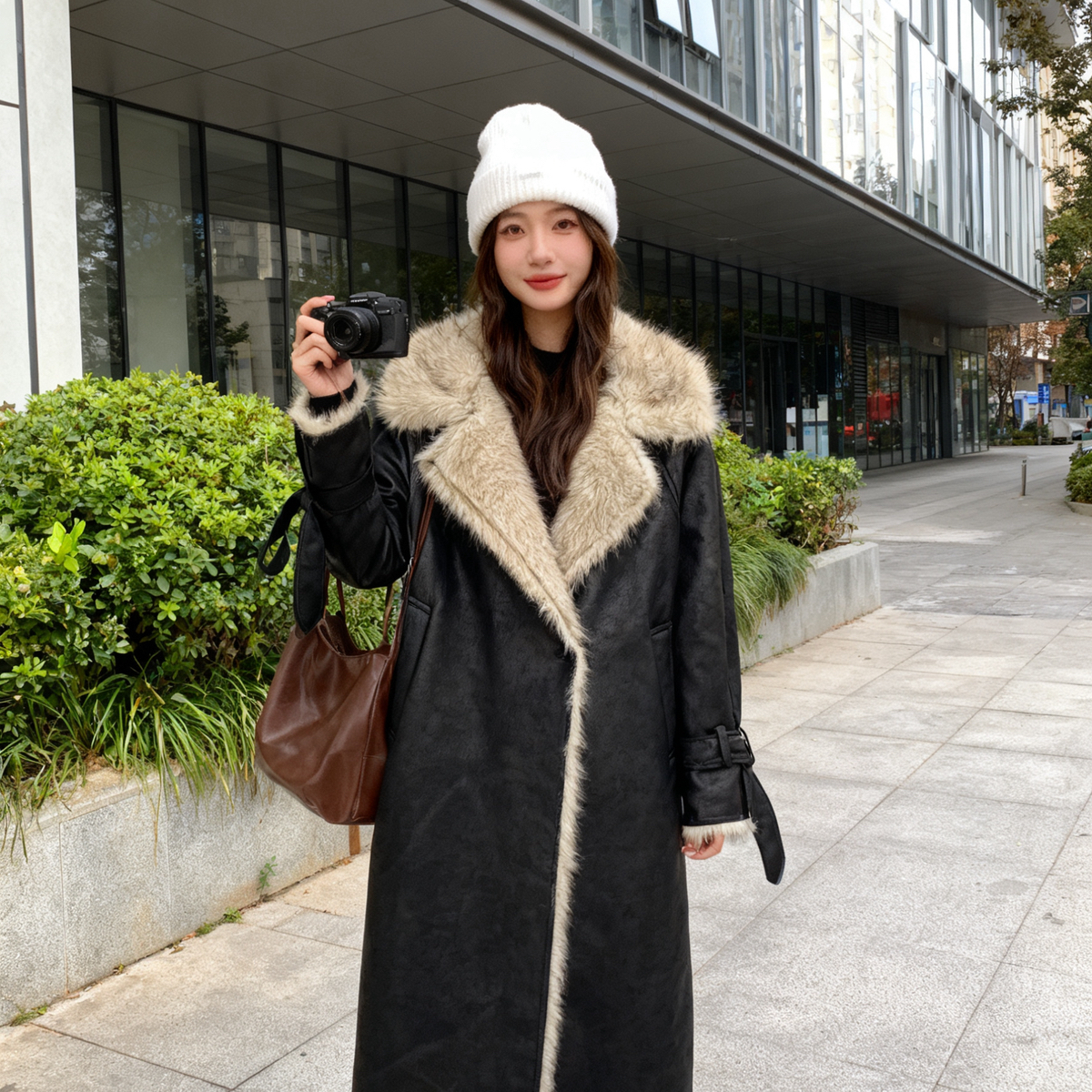 米米设计羊羔毛中长款保暖气场大衣仿皮毛一体加绒加厚大衣26404