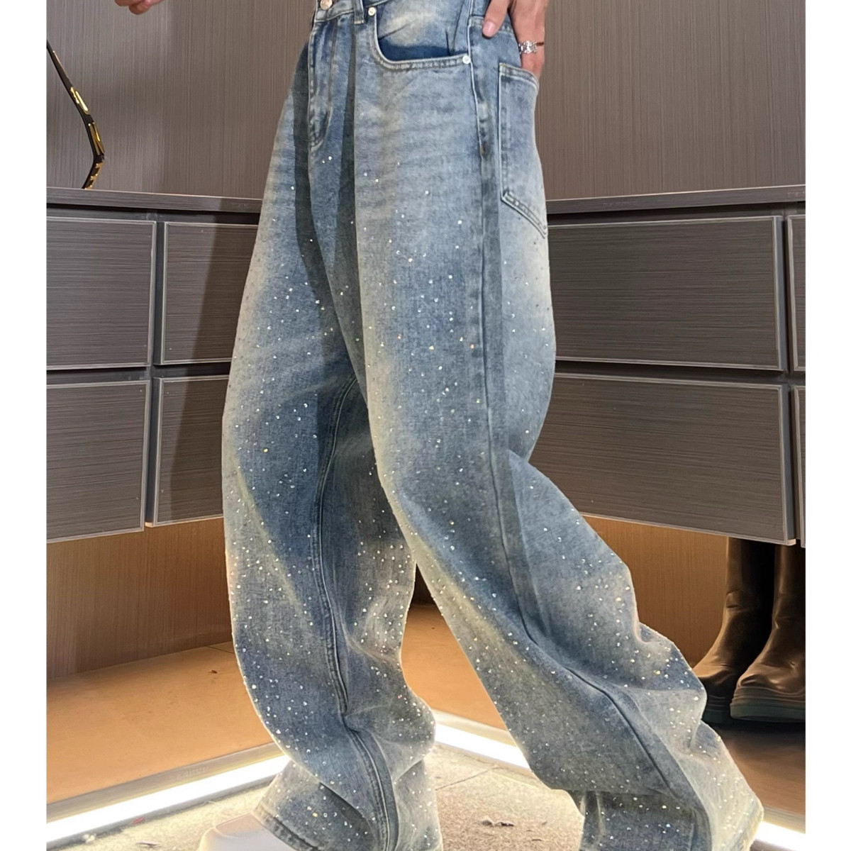 米米设计春小众设计师潮牌网红辣妹重工烫钻宽松阔腿牛仔裤V985,女装/女士精品,休闲裤,淘宝优惠券,粉丝福利购,淘宝优惠卷