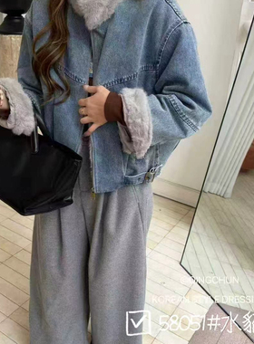 米米复古风毛领宽松水貂毛拼接牛仔外套58051
