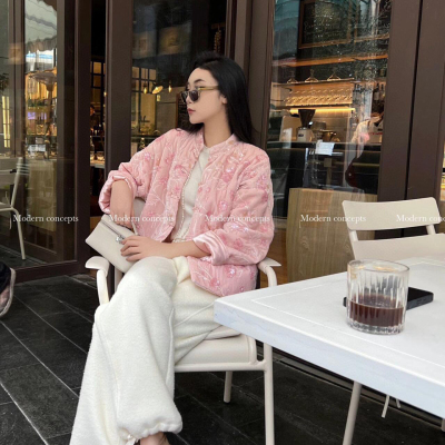 米米冬上新线下爆款粉色真丝丝绒钉珠夹棉外套棉服2114433