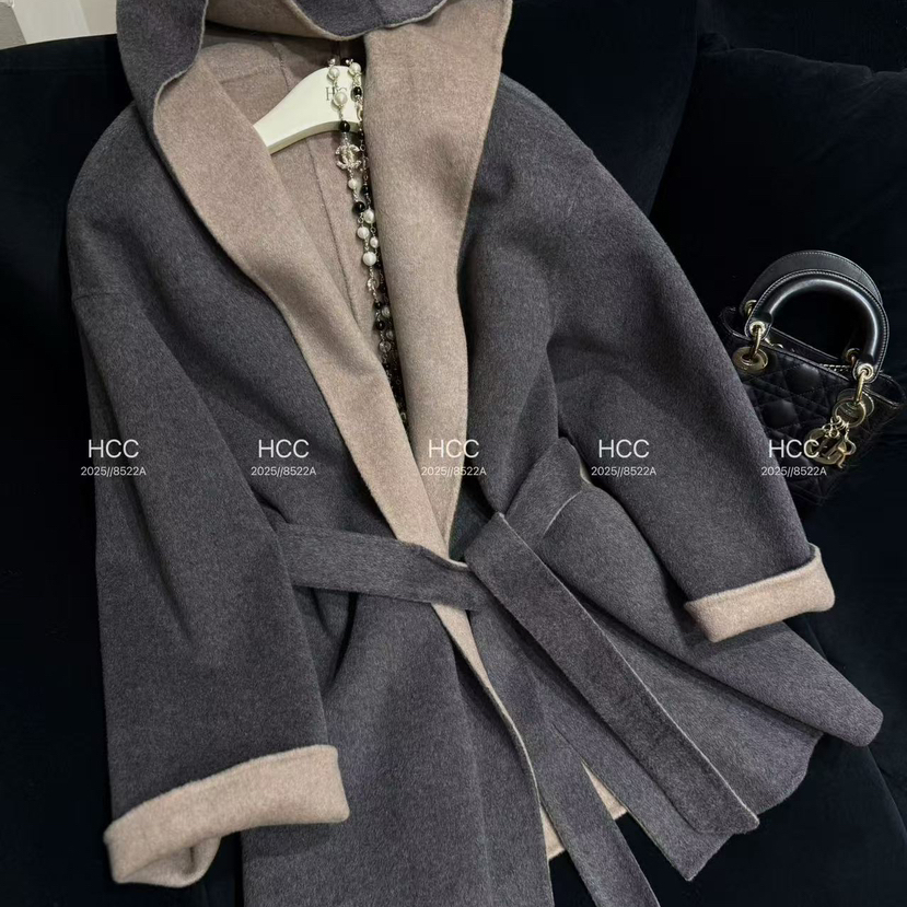 米米冬上新撞色设计系带宽松羊毛外套(配腰带)（含90澳毛）58-018