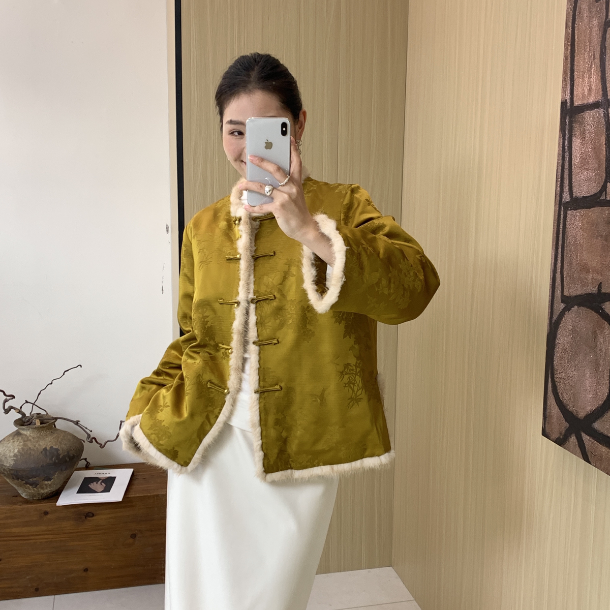 米米店设计中式植物提花圆领盘扣保暖羽绒服外套良妯娌-33575-2