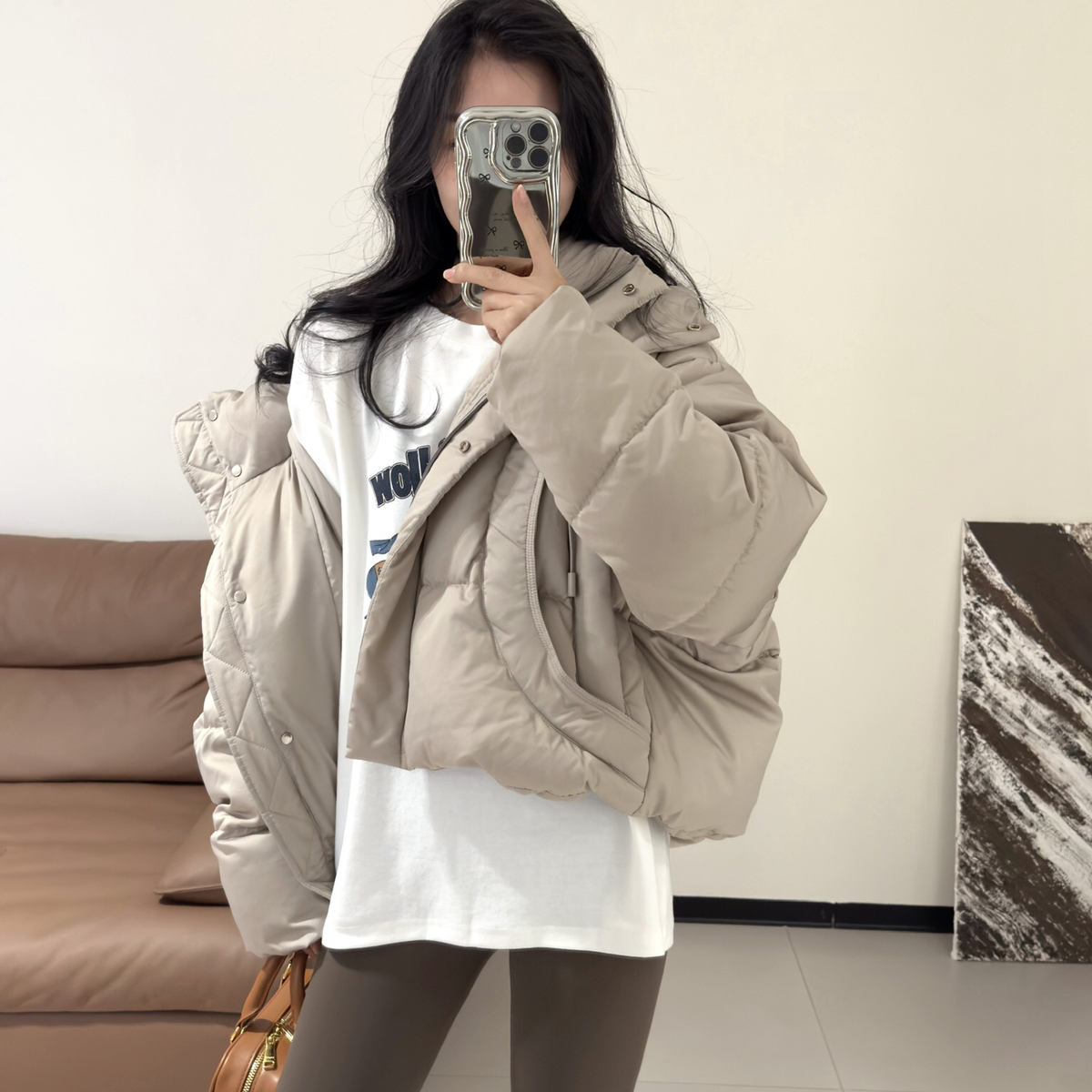 米米BLOOM(SUNO)-新休闲百搭连帽暗门襟宽松保暖羽绒服外套51016-