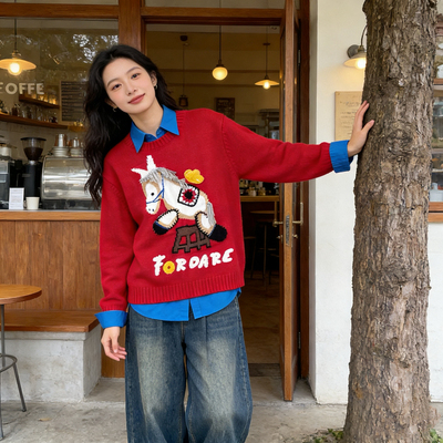 米米新年款马上有钱流苏圆领套头羊毛保暖毛衣（含100羊毛）R9098