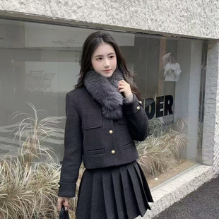 Y8335 配毛领狐狸毛真毛可拆卸 米米狸毛搭 高腰A字半裙套装