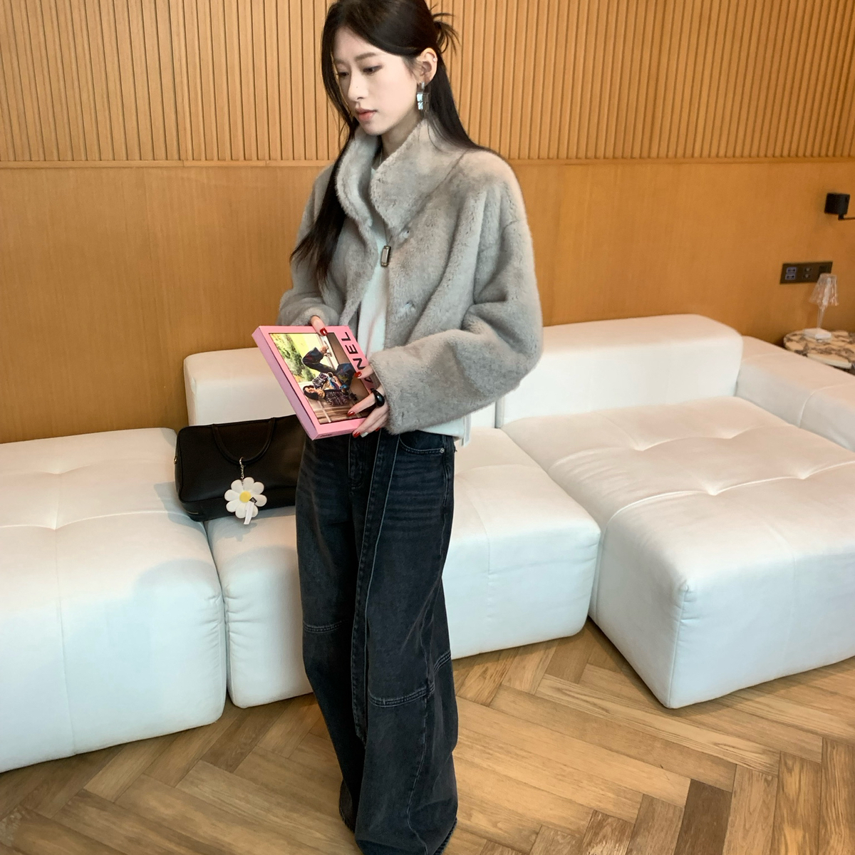 米米茸茸立领环保毛皮草外套短款显瘦显高皮毛一体短外套701-1