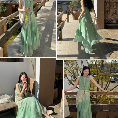 米米新法式复古晕染印花圆领宽松显瘦背心连衣裙(61人丝)DB19656