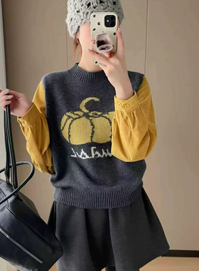 米米店韩系学院风南瓜字母假两件设计感洋气减龄拼接针织衫65322