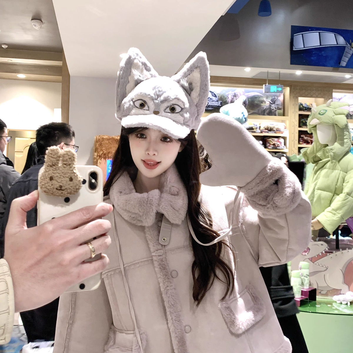 米米色机车短款宽松小个子皮毛一体短外套皮毛一体(配手套)42720