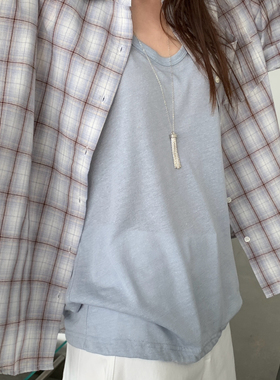 米米韩系慵懒风翻领格纹口袋衬衫37009