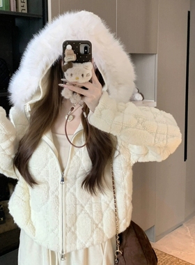 米米设计格长袖显瘦外套毛衣(配可拆卸环保毛毛)L-QMFS6841