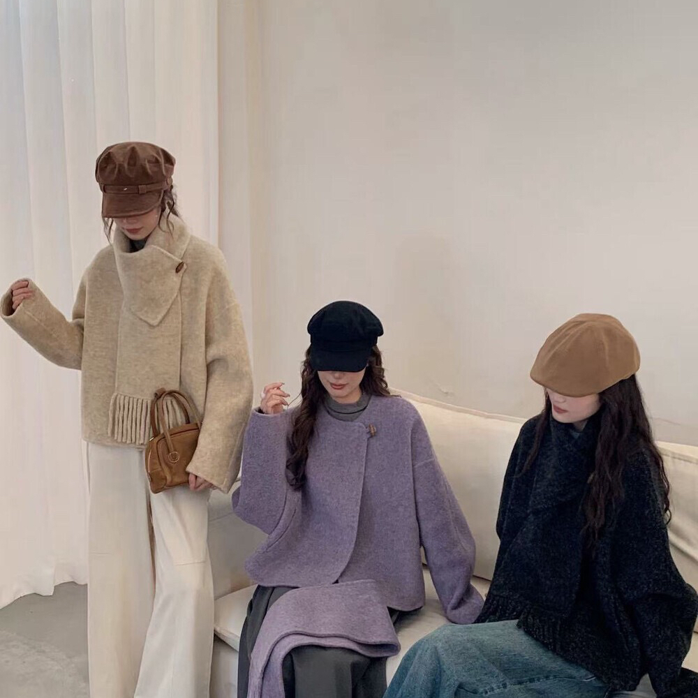 米米小香风流苏围巾羊毛外套(配可拆卸围巾)(含5.3羊驼毛)B1282