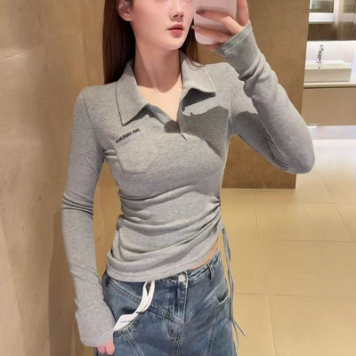 米米春上新小众设计日常通勤休闲修身侧边抽绳显瘦长袖T恤15246