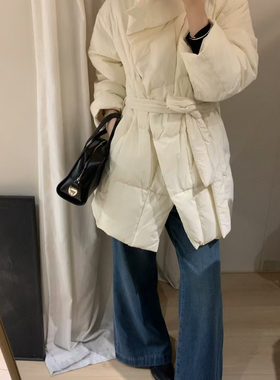 米米极简风立领宽松系带保暖羽绒服外套(配腰带)11052