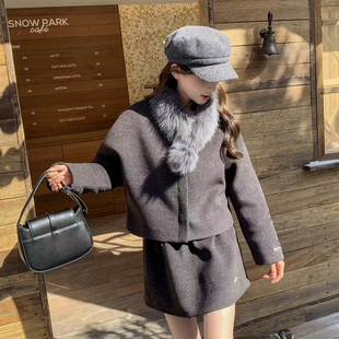 配可拆卸真狐狸毛毛领 半身裙套装 HD2561 韩系时尚 米米店短外套