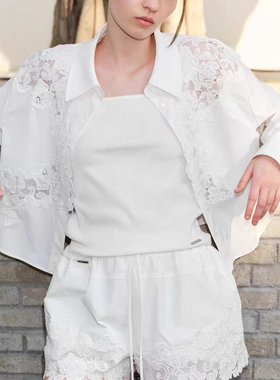 米米小众设计新时髦新主张不对称蕾丝花边拼接白色衬衫短衬衫A962