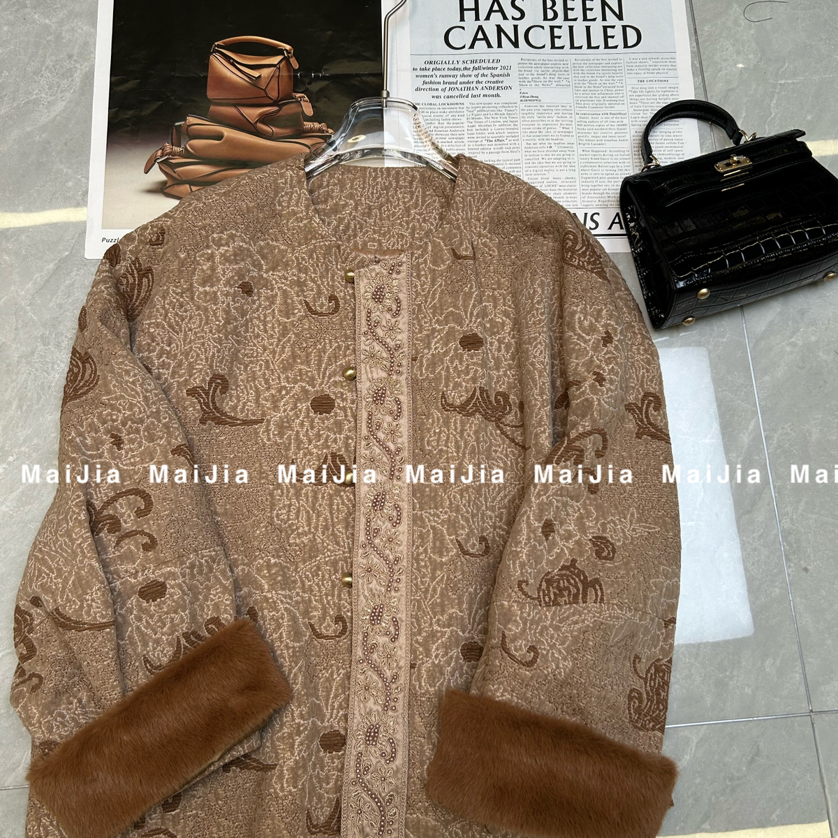 米米小众设计立体织金雕花袖口短外套(配可拆袖口毛)（含3羊毛）5