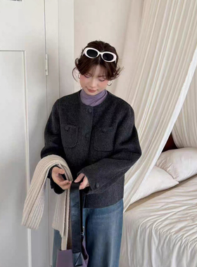 米米设计复古风圆领宽松羊毛外套（含88羊毛）N522