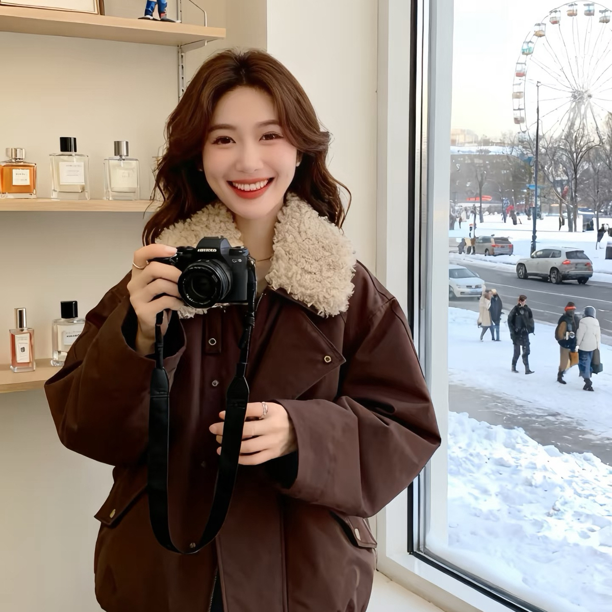 米米设计羔毛领口加绒内胆加厚棉衣夹克派克服保暖棉服外套26439