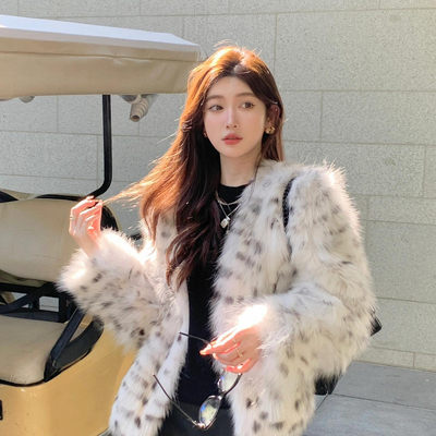 米米高奢斑点豹纹貉子毛皮草外套女短款年轻款大衣皮草YE262