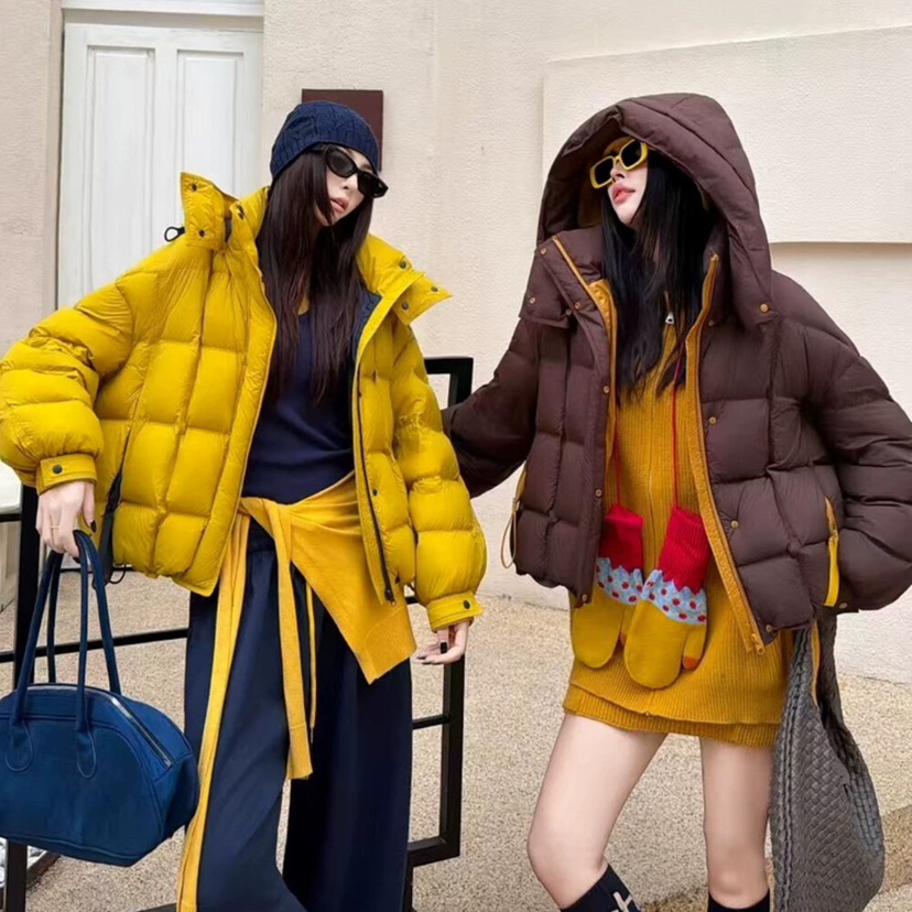 米米店上新撞色拼接宽松绗缝连帽保暖羽绒服外套撞色豆腐