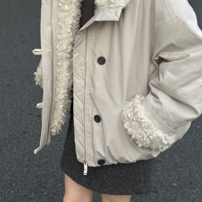 米米法式复古毛绒拼接宽松保暖羽绒服外套51265