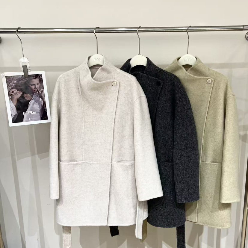 米米冬上新简约高级感立领宽松羊毛外套(配腰带)（含80羊毛）58-2