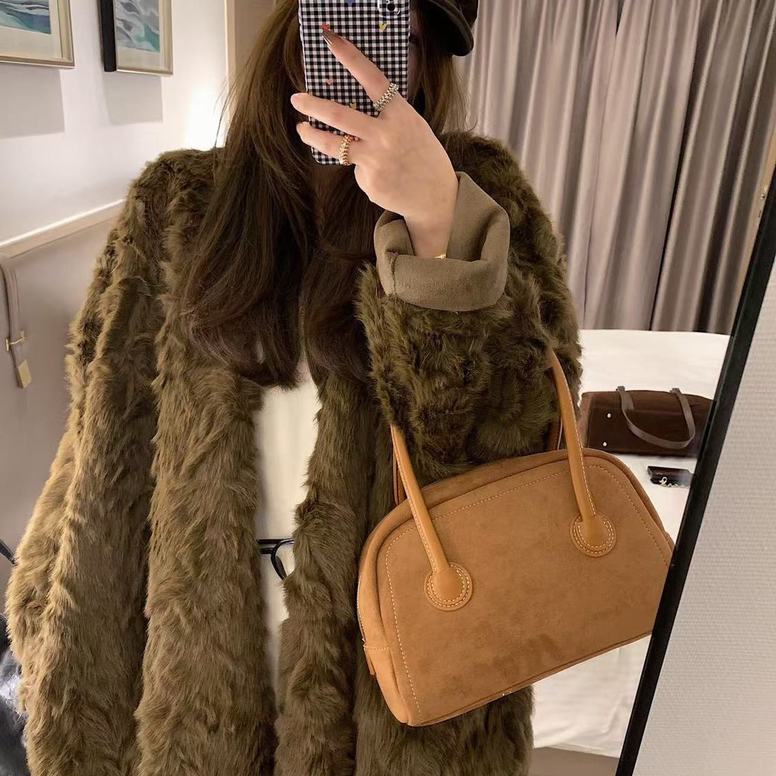 米米时尚慵懒风蝙蝠衫仿皮毛一体环保皮草宽松版显瘦短外套65554