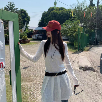 米米设计春季休闲复古压褶拼接长袖套头连衣裙(配腰带)A10105#