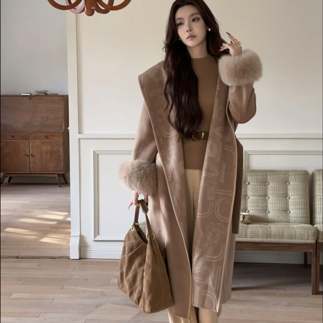 米米真毛毛袖可拆卸)(含100羊毛)(网红名媛气质爆款)PNF119