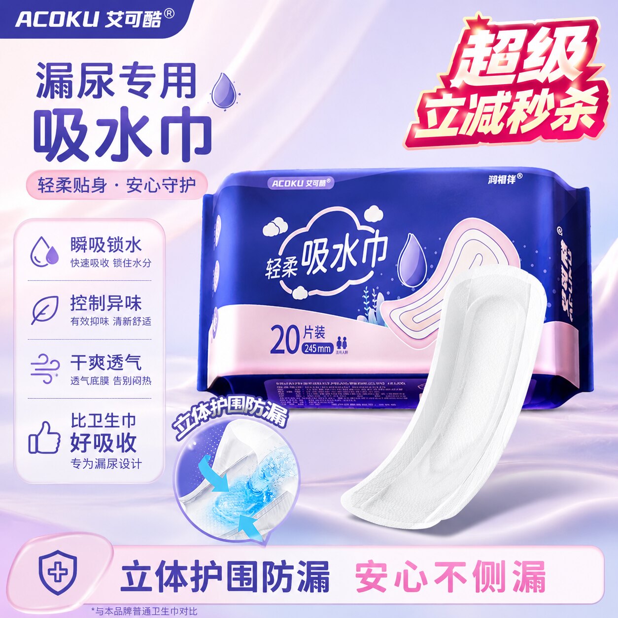 艾可酷女性漏尿专用护垫卫生吸水巾成人纸尿片妇女老年人护理尿垫
