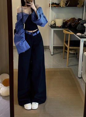 复古撞色一字肩条纹拼接长袖衬衫女春季学院风休闲气质阔腿裤