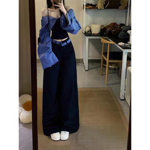学院风休闲气质阔腿裤 女春季 衬衫 复古撞色一字肩条纹拼接长袖