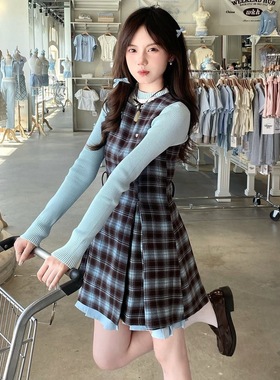 法式高级感棕蓝色格纹别致绝美时尚连衣裙女早秋针织上衣两件套