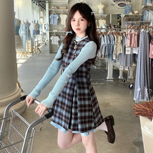 法式 连衣裙女早秋针织上衣两件套 高级感棕蓝色格纹别致绝美时尚