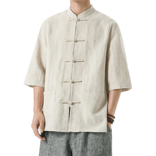 中国风男装亚麻衬衫中式唐装棉麻男士七分袖衬衣夏季复古立领上衣