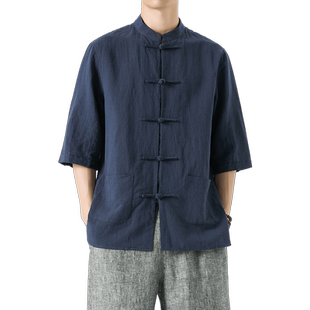 新中式男装亚麻短袖衬衫男夏季民国风汉服道袍外套中山装唐装马褂