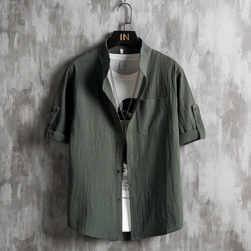 亚麻七分袖衬衫男生夏季设计潮