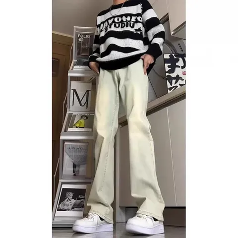 裤子微喇裤复古牛仔裤高街直筒男款蓝高腰美式vibe秋季修身高个子