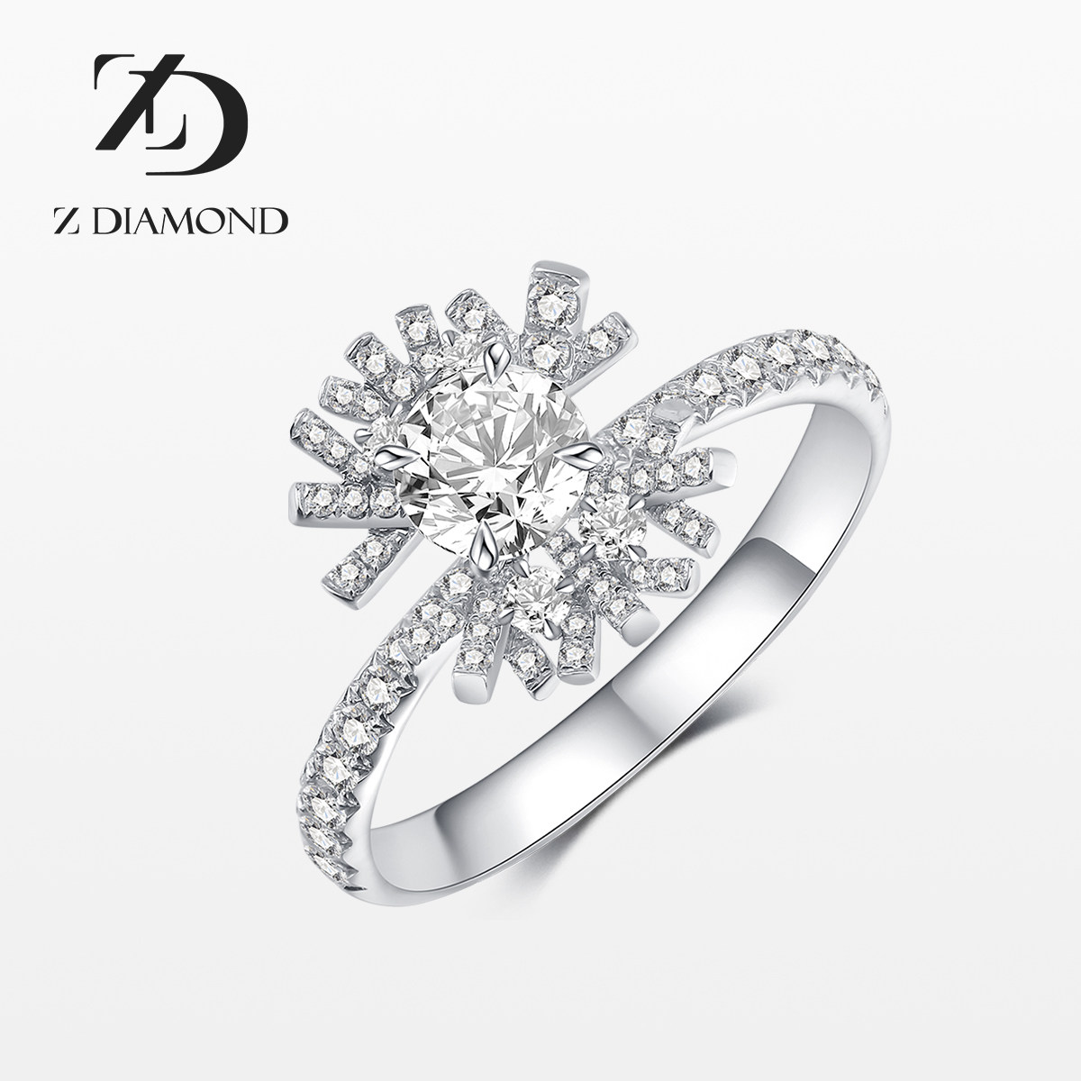 【培育】z diamond卓缔梦 18k金白钻石戒指 四爪雪花铺钻钻戒