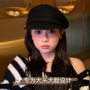 大头围帽子女黑色贝雷帽显脸小千金风礼帽冬报童帽羊毛毛呢马术帽